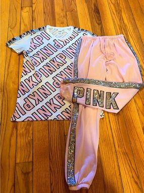 PINK VS Bling Sequin Set NWT XS Oversized Joggers Tee HTF